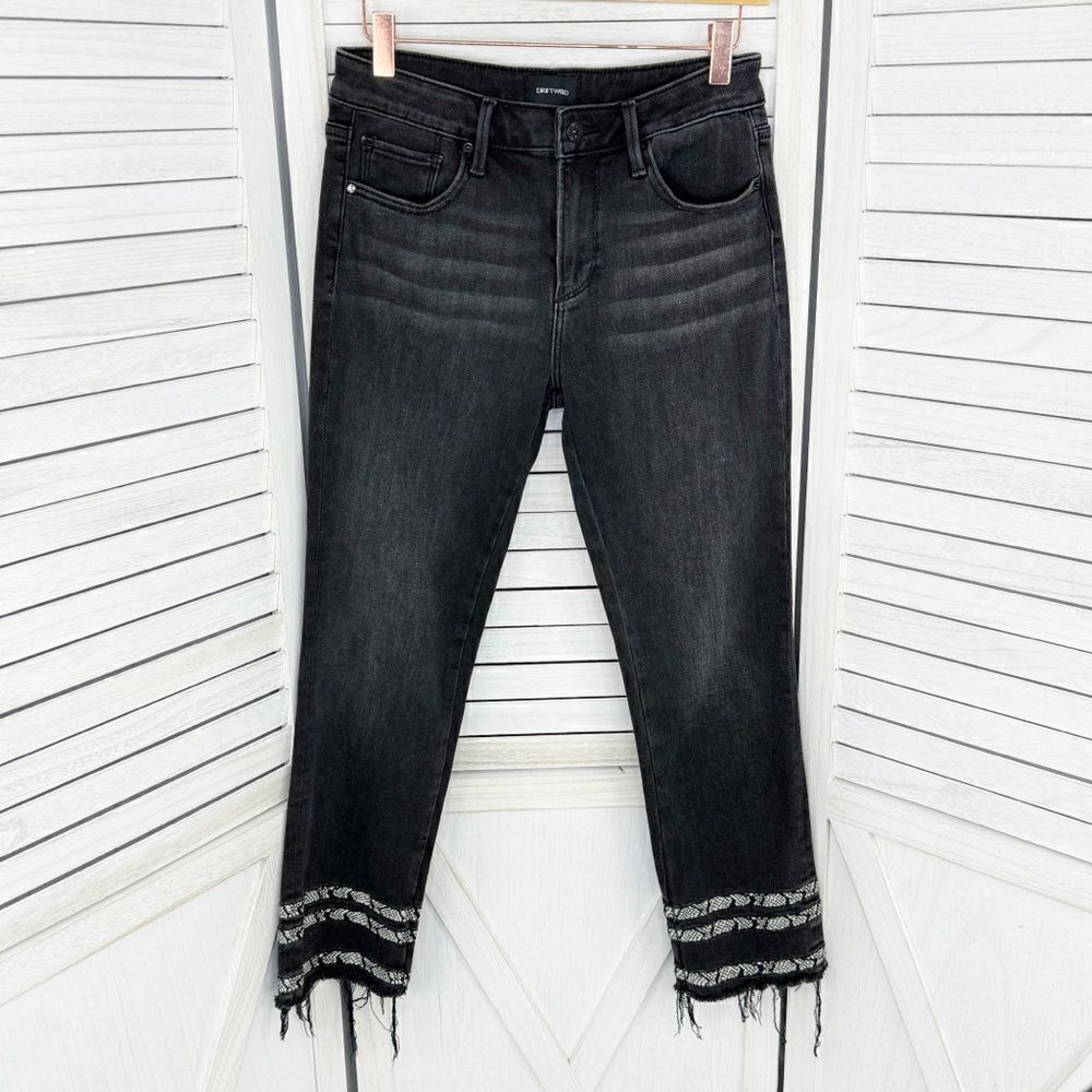 Driftwood Jeans Womens Size 27 Black Colette Snake Print Stripe Raw Cuff Crop
